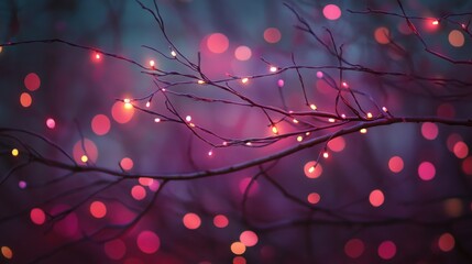  small pink and purple fairy lights wrapped around bare autumn branches