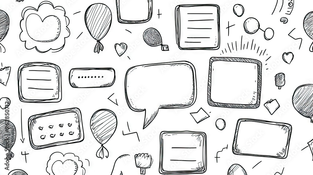 Fototapete Collection of message box outlines and balloon doodle designs for text chatting, featuring space for custom text. Perfect for digital communication visuals.