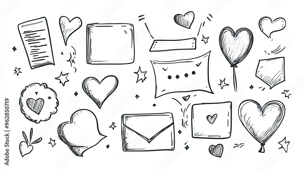 Fototapete Collection of message box outlines and balloon doodle designs for text chatting, featuring space for custom text. Perfect for digital communication visuals.