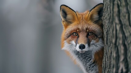 Obraz premium Red Fox Peeking from Behind a Tree - Wildlife Photography