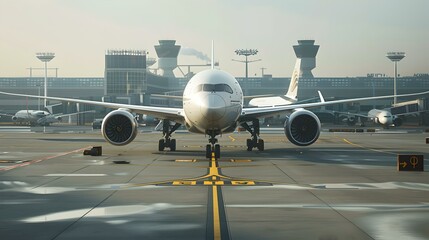 Airplane on the Runway at Airport Ready for Takeoff