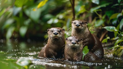Obraz premium Three Otters in a River: A Family Portrait