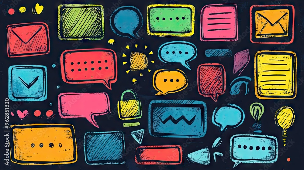Poster creative set of message boxes and speech bubbles with doodle outlines and space for text. perfect fo