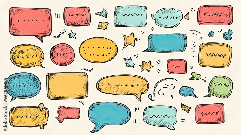 Poster creative set of message boxes and speech bubbles in doodle style with empty text areas. great for ch