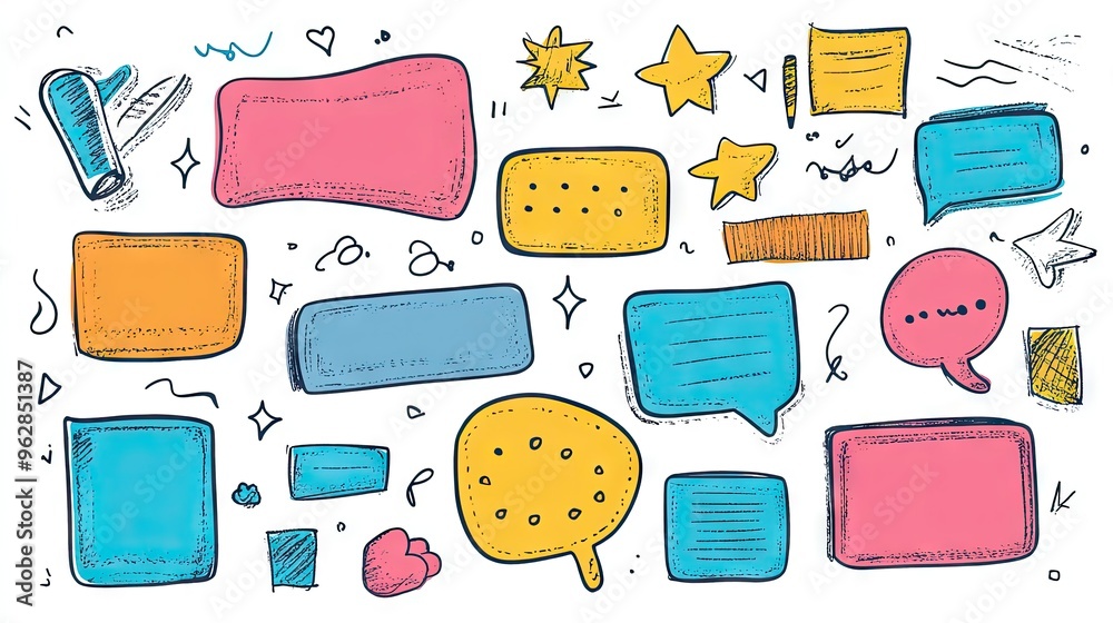Poster creative set of message boxes and speech bubbles with doodle outlines and space for text. perfect fo