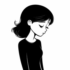 A simple line drawing of a young woman with her head down, looking sad.