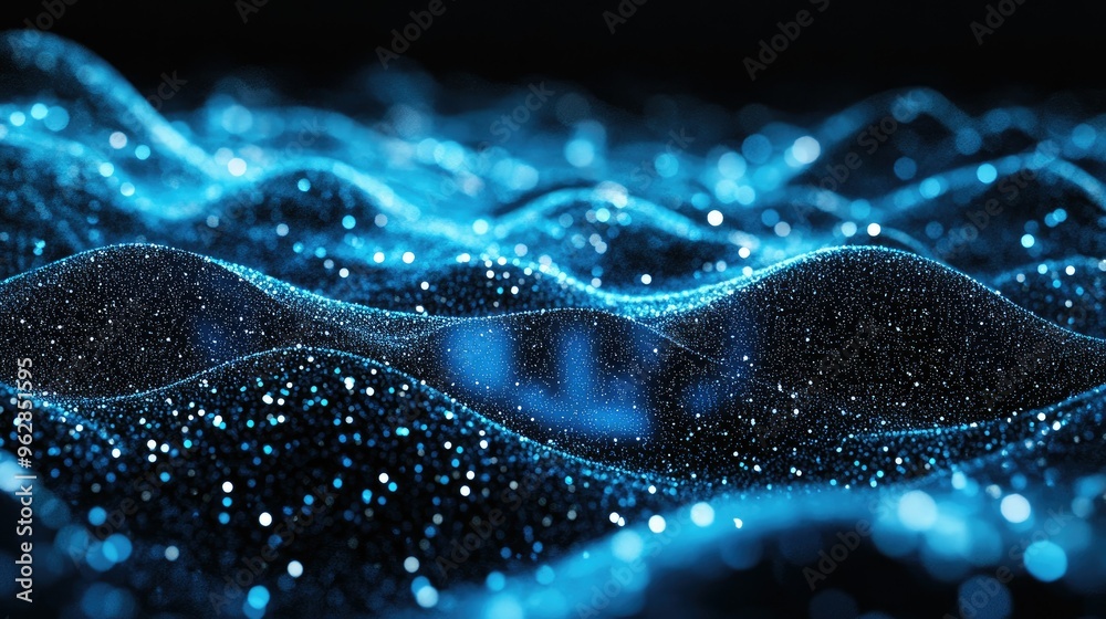 Poster dynamic blue particle lines forming horizontal waves and undulating across a black backdrop, ideal f