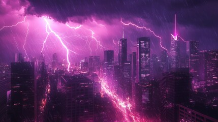 Obraz premium Dramatic storm with purple lightning bolts streaking across the city, creating an electrifying and surreal atmosphere as the lightning illuminates the urban environment.