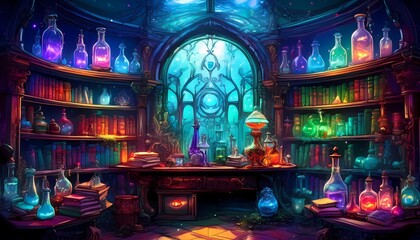 A mysterious room filled with spell books and potions
