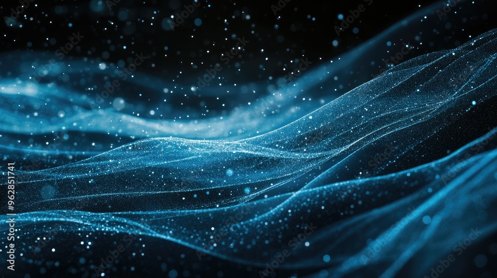 Poster Dynamic horizontal blue particle lines undulating in a 3D space against a black backdrop, representing modern communication technology and digital interfaces.