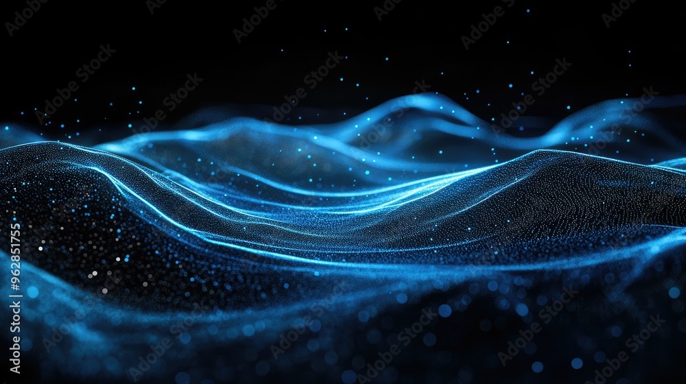 Poster dynamic horizontal blue particle lines undulating in a 3d space against a black backdrop, representi