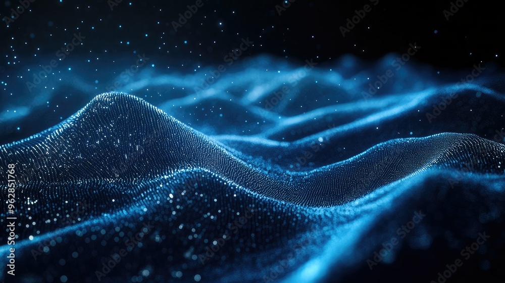 Poster dynamic horizontal blue particle lines undulating in a 3d space against a black backdrop, representi