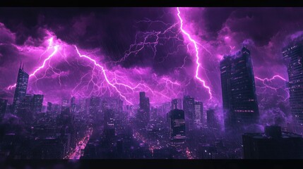 Obraz premium Electric purple lightning storm over an urban environment, with bolts streaking across the cityscape, creating a dynamic and dramatic visual effect.