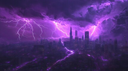 Obraz premium Electric purple lightning storm over an urban environment, with bolts streaking across the cityscape, creating a dynamic and dramatic visual effect.