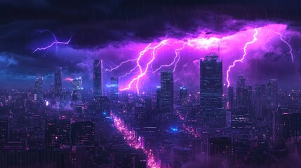 Fototapeta premium Electric storm with vivid purple lightning bolts over the city, highlighting the urban skyline and creating a dramatic and intense visual contrast against the night.