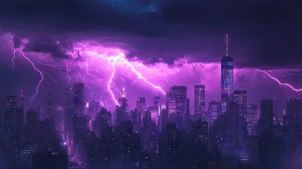 Electric storm with vivid purple lightning bolts over the city, highlighting the urban skyline and creating a dramatic and intense visual contrast against the night.
