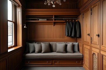 Spacious cabin-style passenger room on a luxury train, featuring wooden decor and a chandelier, cabin-style train room, luxury rail experience