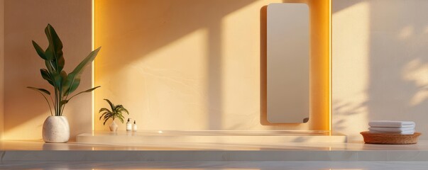 Minimalist bathroom with a plant, mirror, and sunlight.
