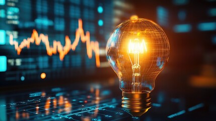 Electricity price increase shown on a graph with global market symbols and a glowing light bulb. Worldwide energy cost rise. -