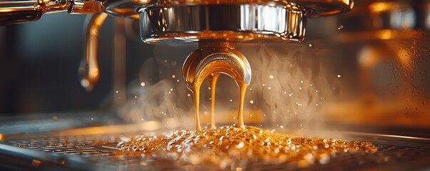 Close-up shot of espresso machine in action, photo-realistic details of coffee pouring, intricate machine components, high-definition clarity, natural ambient light, rich crema, steam and warm tones