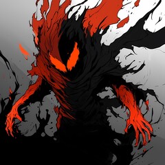 A dark, shadowy figure with glowing red eyes and hands, surrounded by an ominous, swirling mist, creates a powerful and eerie image.