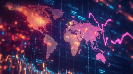 Obraz premium Electricity prices surging globally, illustrated by a rising graph overlaid on a glowing world map, representing market fluctuations.