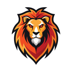Fototapeta premium Fierce lion head logo with vibrant orange and red geometric mane in symmetrical vector art style