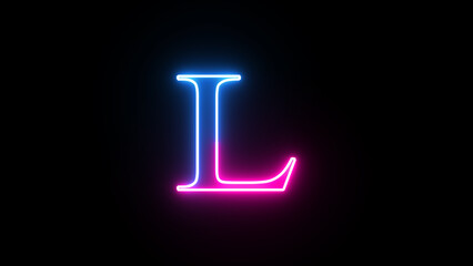 Glowing neon capital letter alphabet L. Purple and blue neon font letter "L" on black background. Educational concept