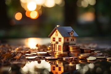House model on stack of coins with bokeh background. Real estate investment and saving concept.