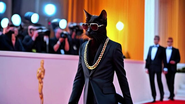 Supermodel black cat wearing suit and gold chain walking on the red carpet at award show generative AI