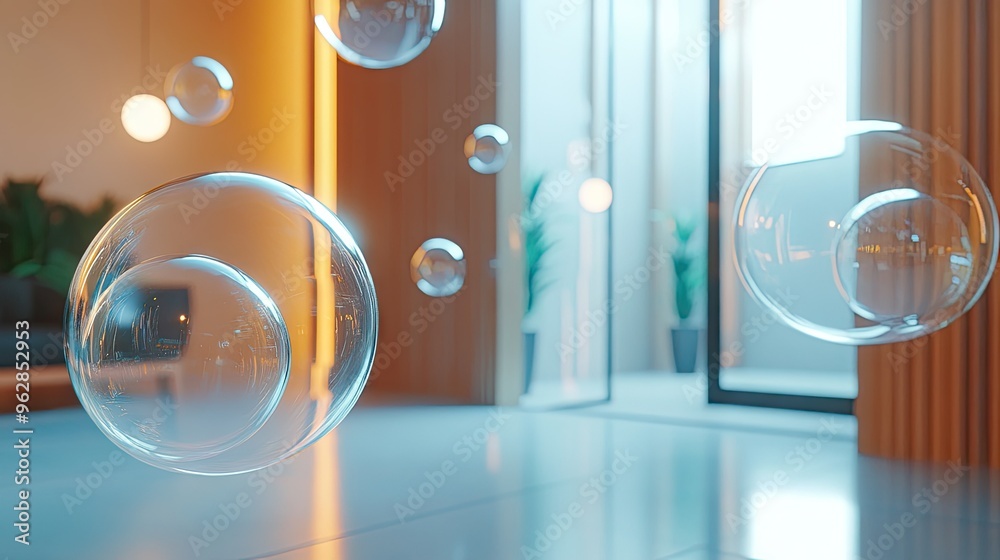 Poster floating shiny chat bubbles in a contemporary room with clean lines and ample light. perfect for tec