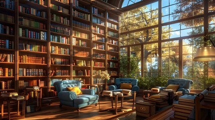 Obraz premium Cozy Library Interior with Large Window and Bookcases