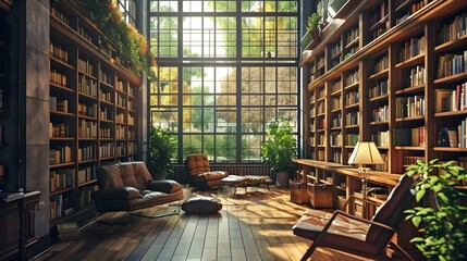 Sunlit Library Interior with Bookshelves and Comfortable Seating