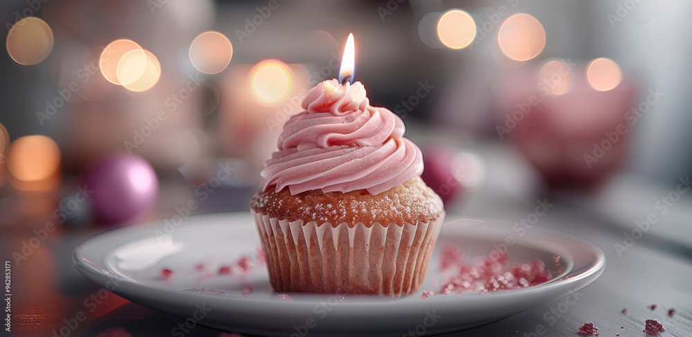 Poster a celebratory pink frosted cupcake with a single candle, placed on a white plate with a bokeh backgr
