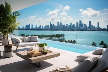Fototapeta premium Luxury terrace with a view of the city and sea. 3d rendering