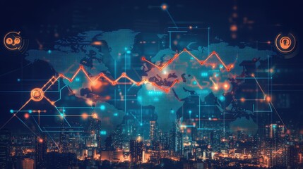 Fototapeta premium Global energy icons over a world map with an upward arrow, highlighting the increase in electricity costs across markets.