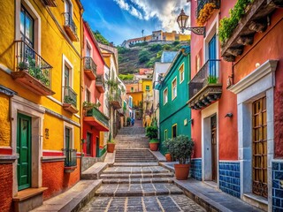 Colorful buildings and vibrant street art adorn the historic city center of Guanajuato, Mexico, with stairs and alleys winding through the bustling urban landscape.