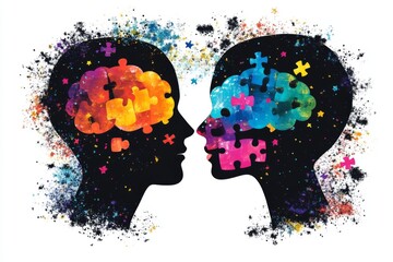 Future brain technology Mind augmentation Cartoon style illustration of two profiles with colorful puzzle brains symbolizing intellectual collaboration and shared emotional depth