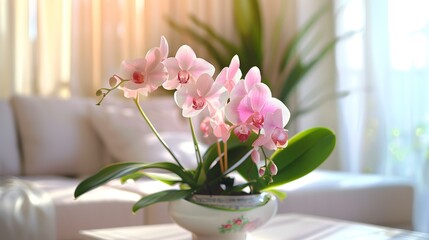 Pink Orchid Flower in White Pot Beautiful Indoor Plant