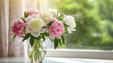 Fototapeta premium Pink and White Peonies in a Glass Vase on a Windowsill