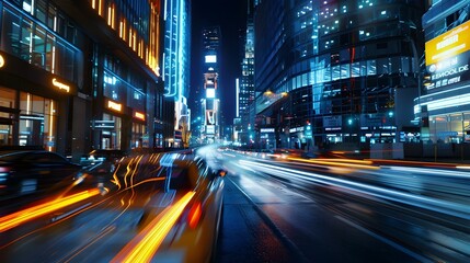 Obraz premium Cityscape at Night with Light Trails and Skyscrapers