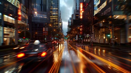 Obraz premium Cityscape at Night with Rain and Traffic