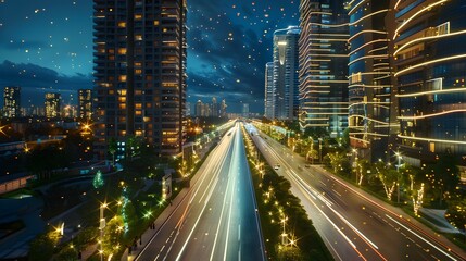 Night Lights in the City A Stunning View of Skyscrapers and Traffic