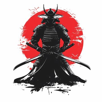 A silhouette of a samurai warrior with two swords drawn against a red sun, symbolizing power, strength, and the warrior's spirit.