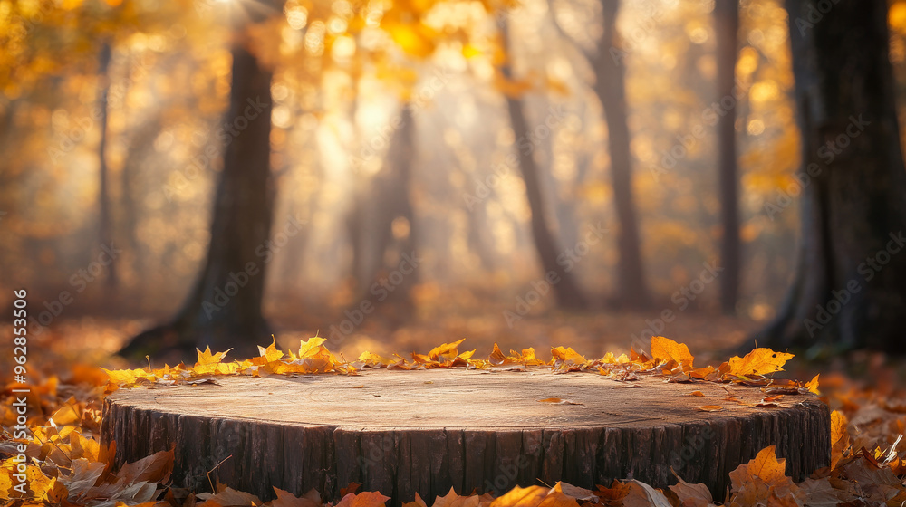 Wall mural a wooden tree stump in a park surrounded by golden autumn leaves, illuminated by warm sunlight, crea