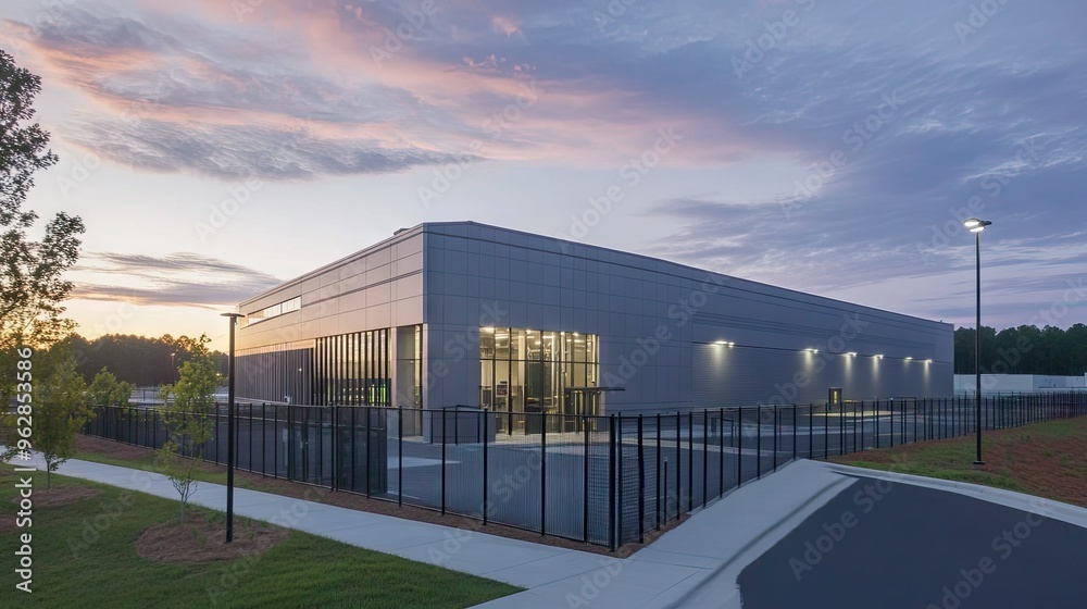 Poster high-tech data center building with secure perimeter fencing. -