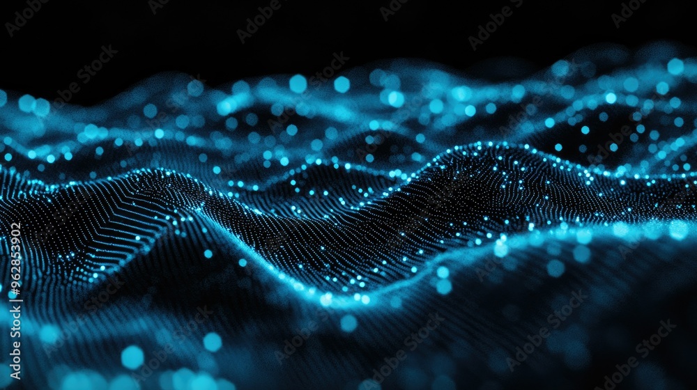 Poster horizontal lines of blue particles undulating across a black background, creating an abstract digita