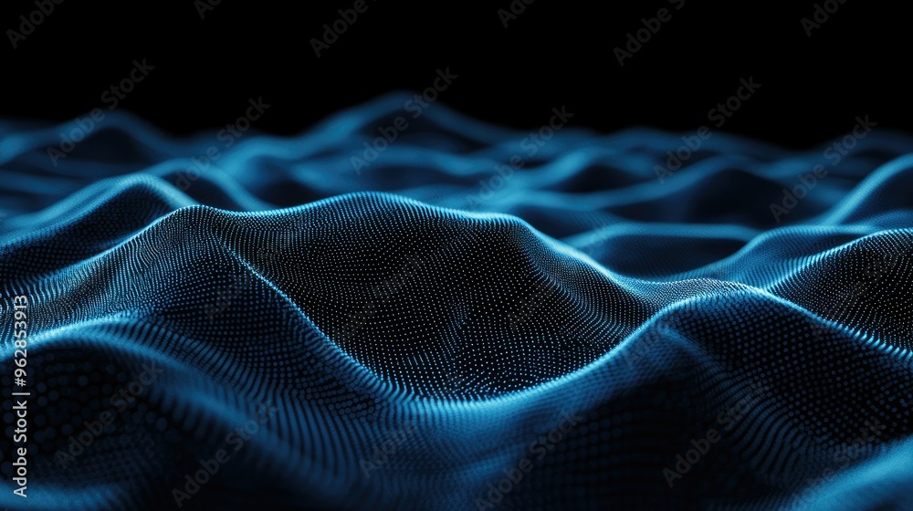 Poster horizontal lines of blue particles undulating across a black background, creating an abstract digita
