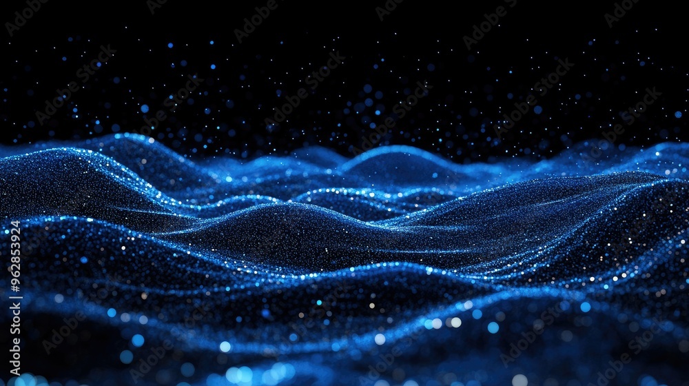 Poster horizontal lines of blue particles undulating across a black background, creating an abstract digita