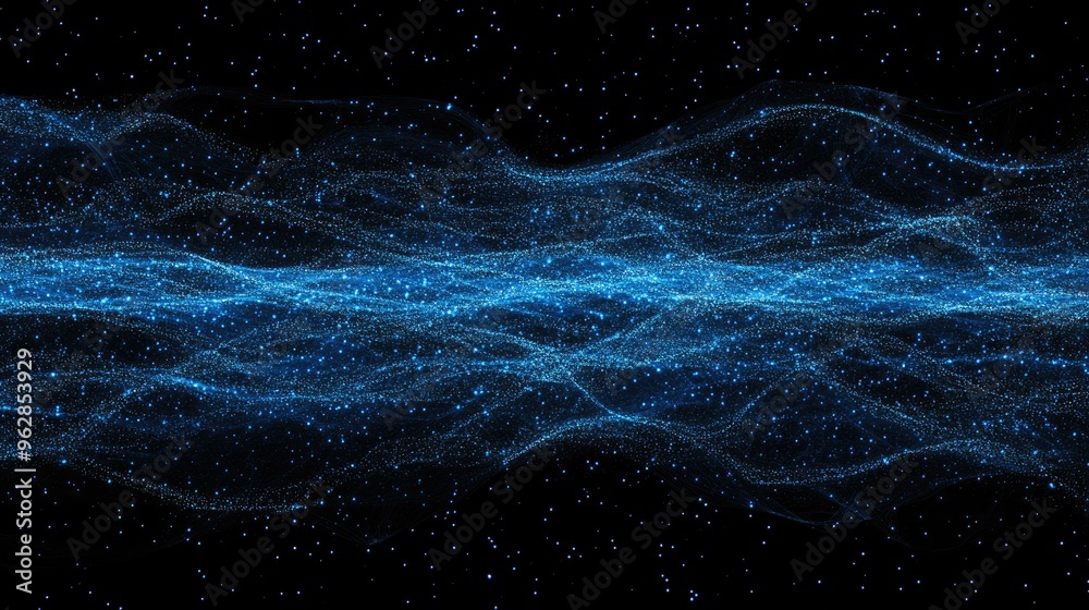Poster horizontal lines of blue particles undulating across a black background, creating an abstract digita